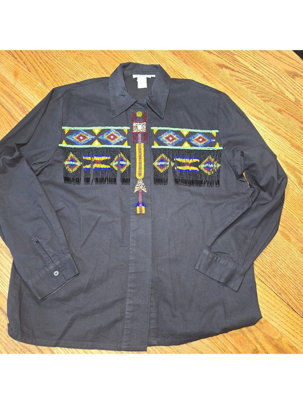 Vtg Lew Magram New York Women’s Beaded Fringe Western Shirt Black Cotton Size 12